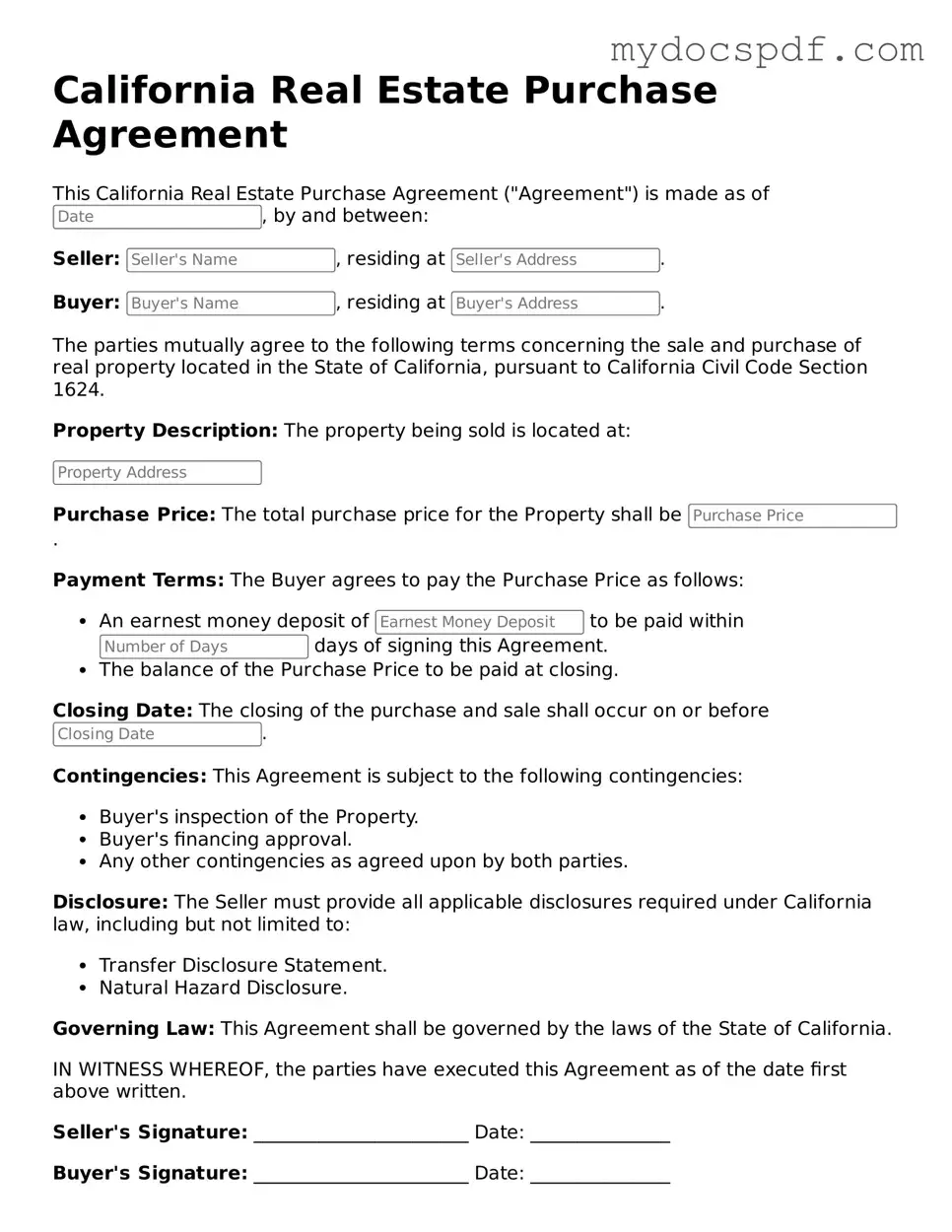 Fillable California Real Estate Purchase Agreement Document