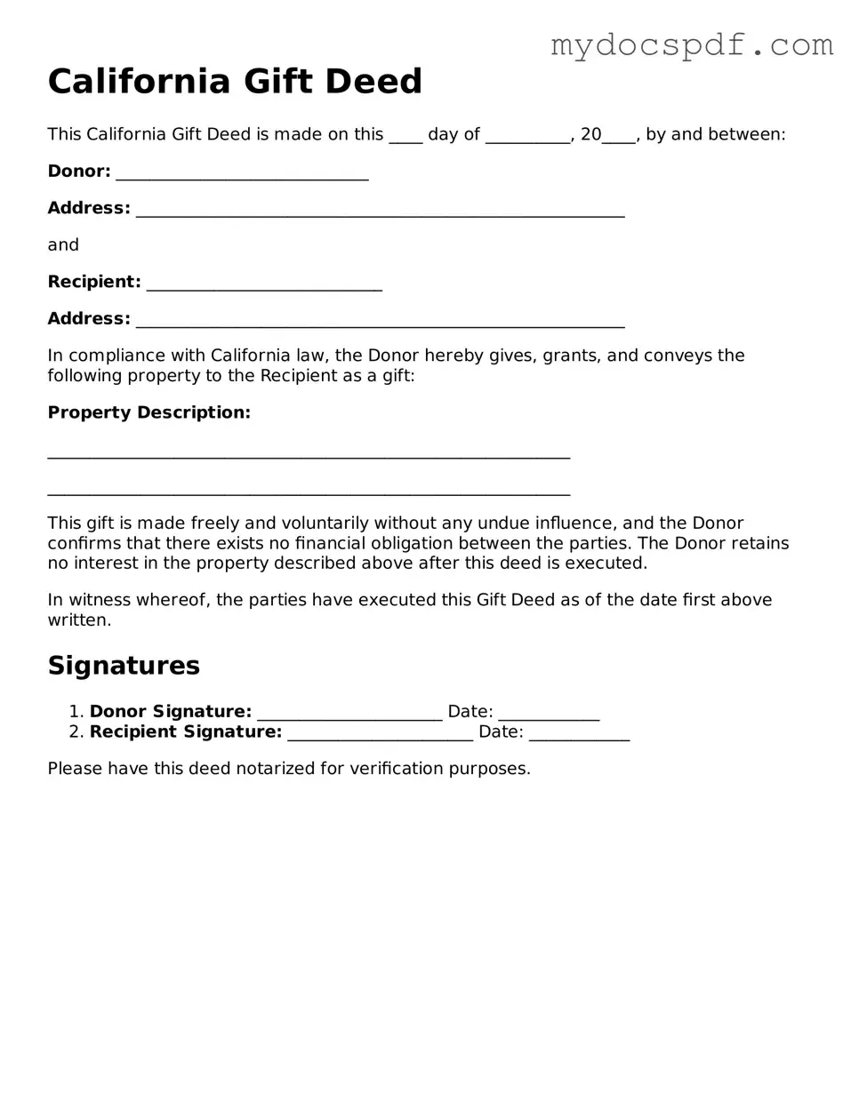 Fillable California Gift Deed Document