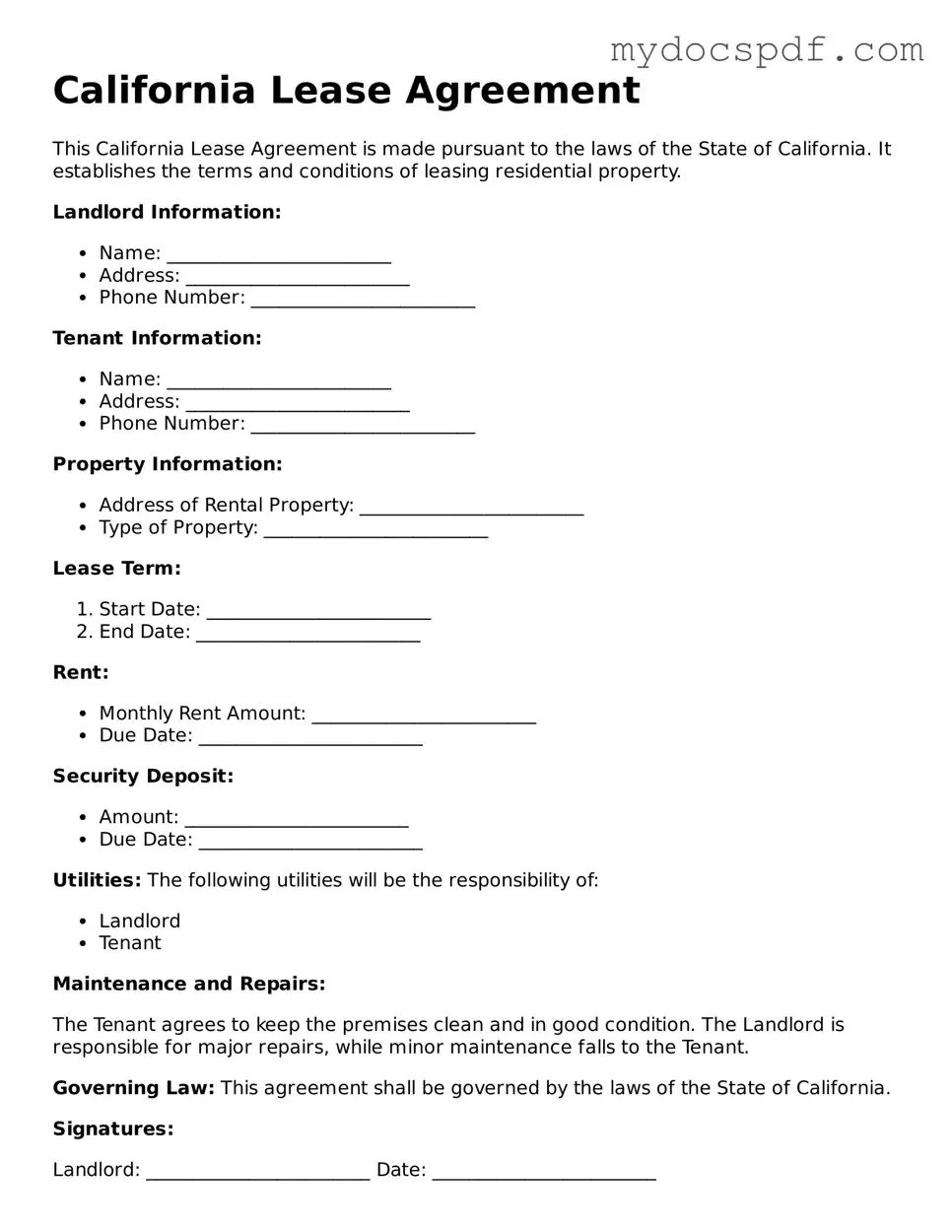 Fillable California Lease Agreement Document