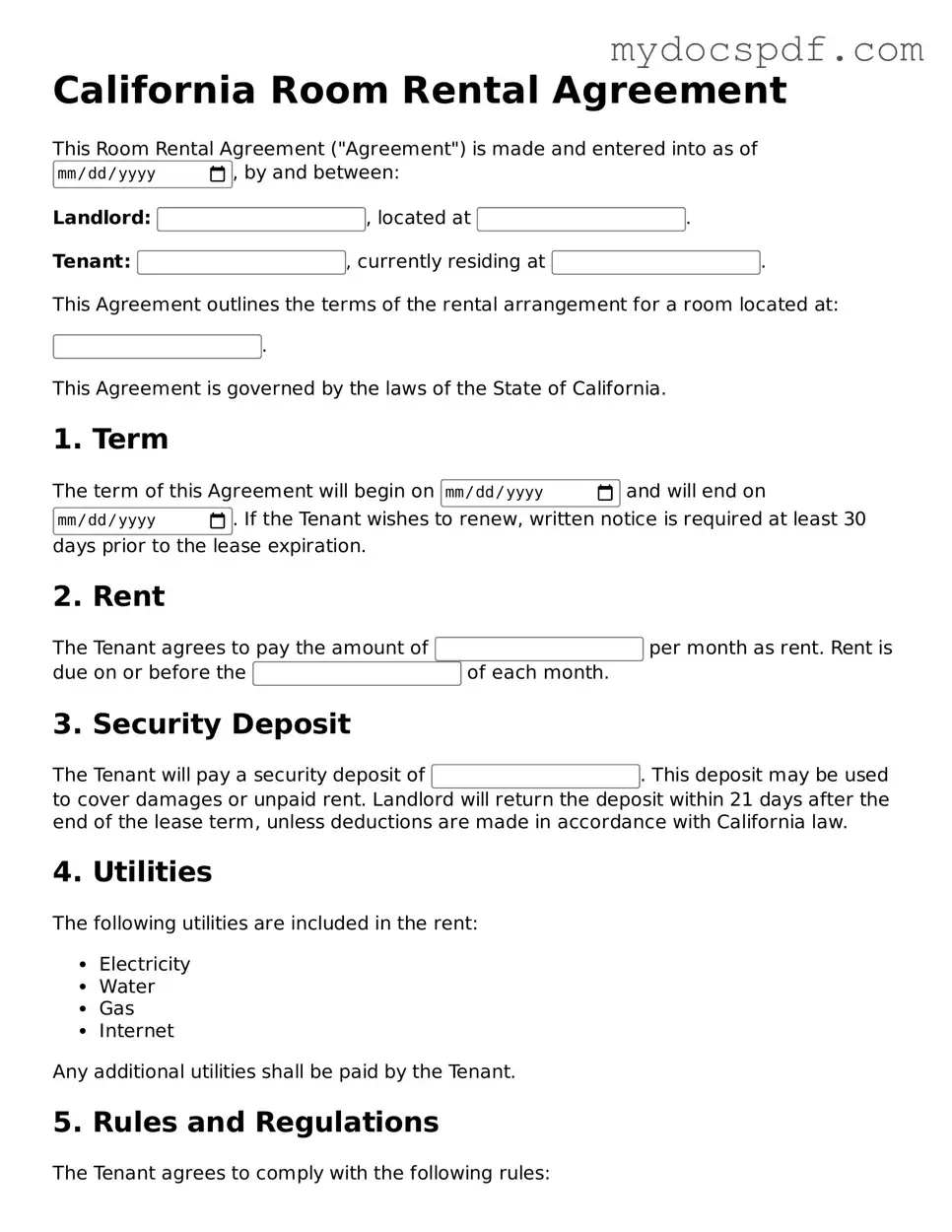 Fillable California Room Rental Agreement Document