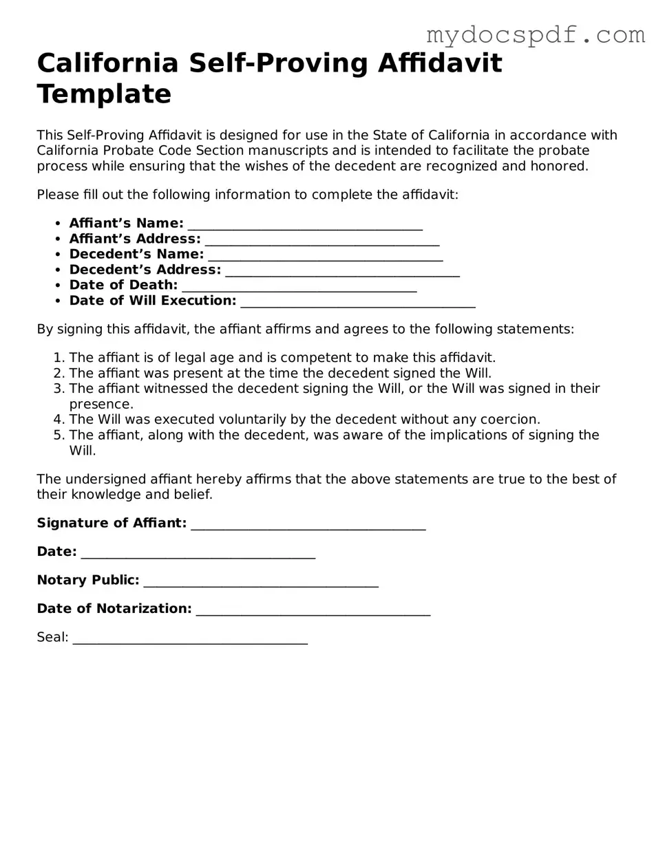 Fillable California Self-Proving Affidavit Document
