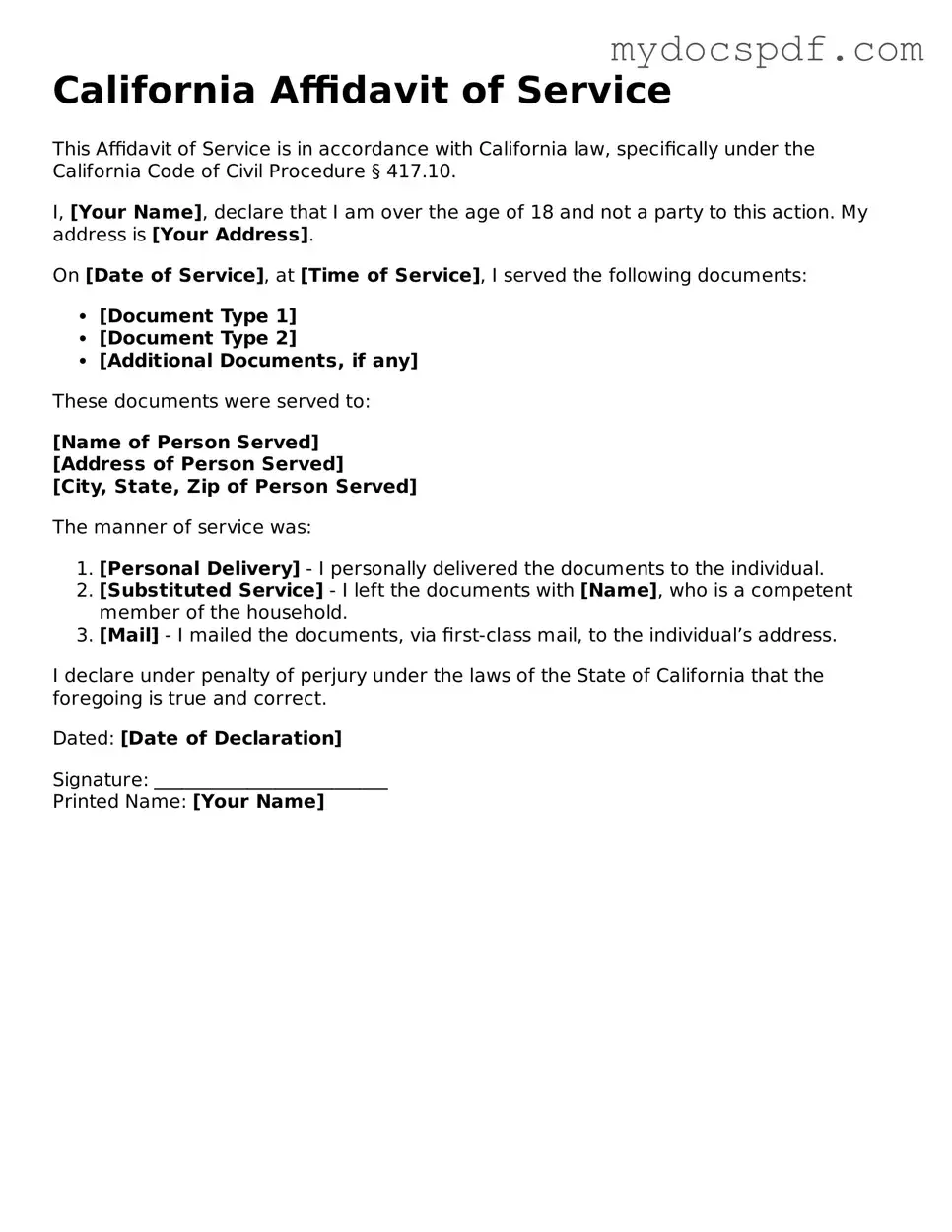 Fillable California Affidavit of Service Document