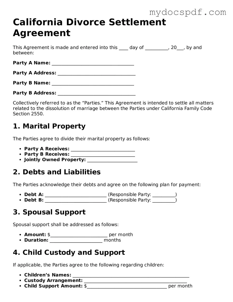 Fillable California Divorce Settlement Agreement Document