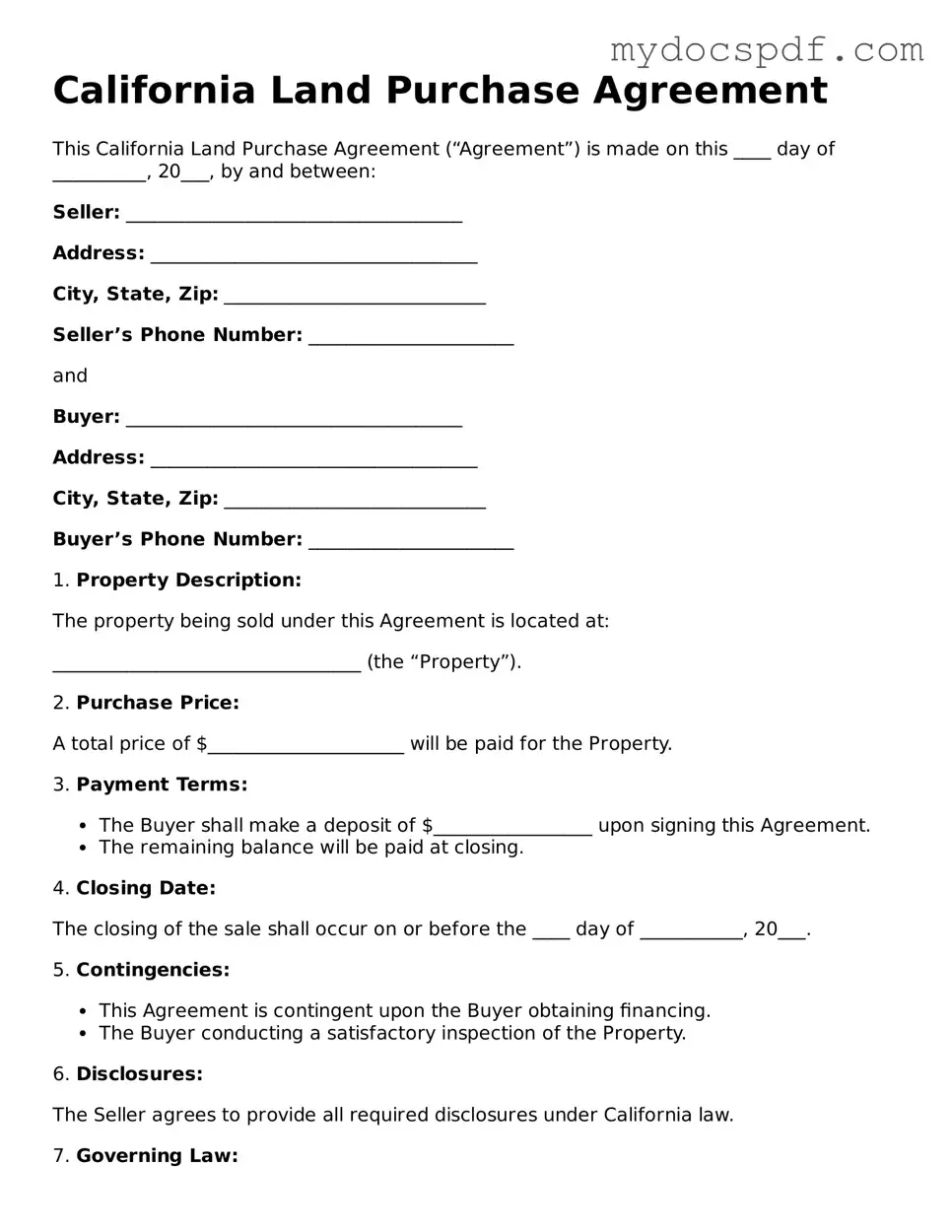 Fillable California Land Purchase Agreement Document