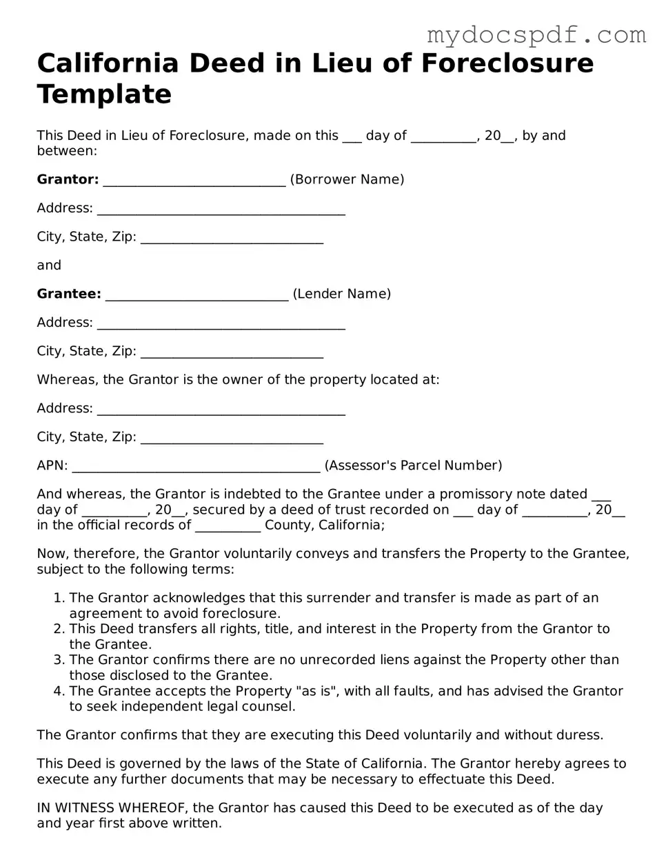 Fillable California Deed in Lieu of Foreclosure Document