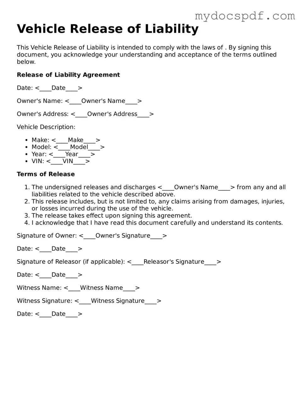 Attorney-Approved Vehicle Release of Liability Template