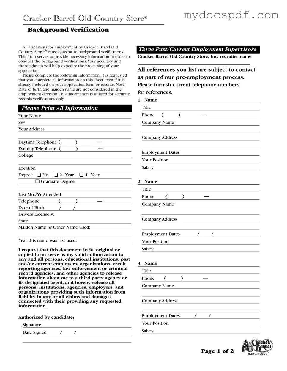 Get Cracker Barrel Background Check Form in PDF
