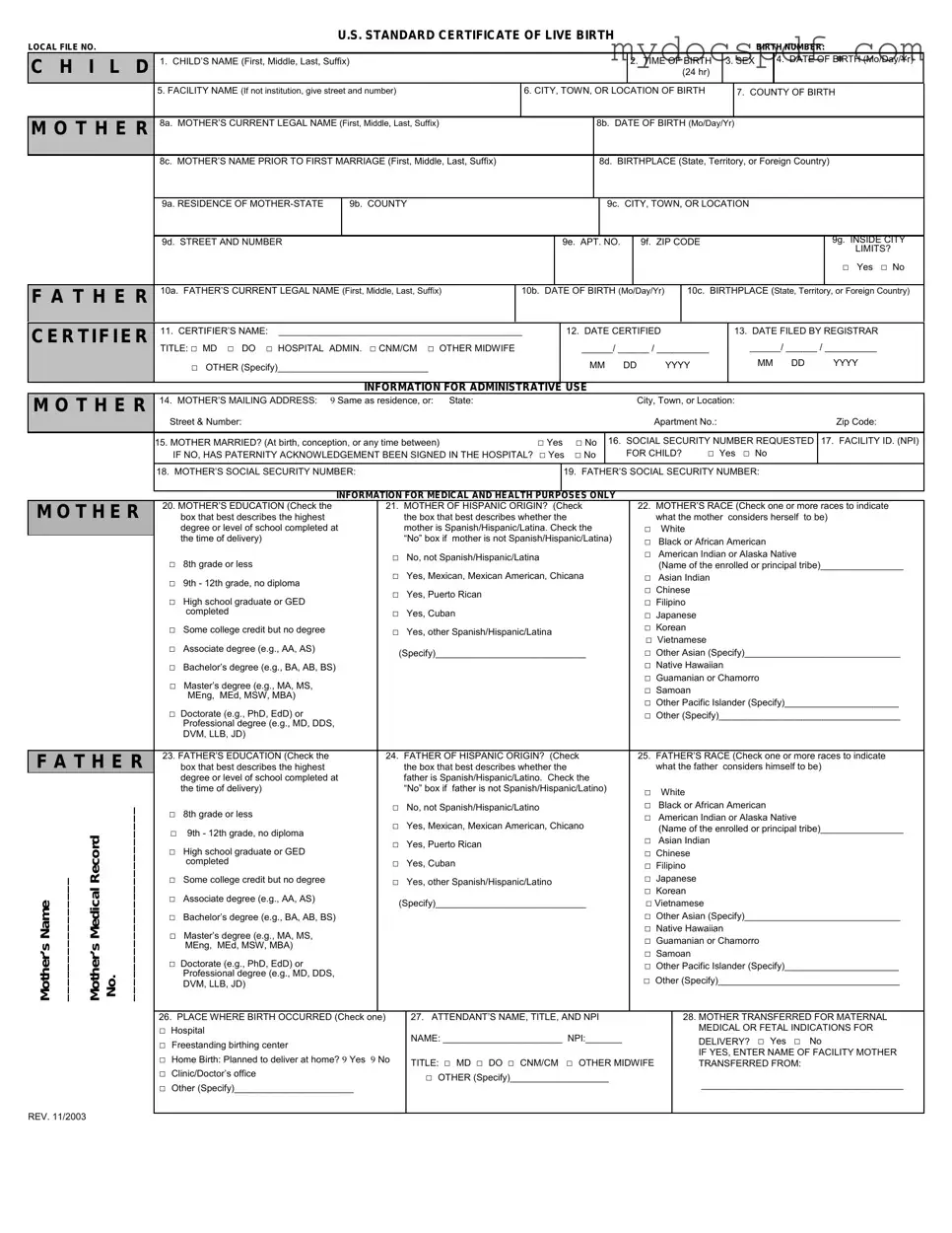 Get CDC U.S. Standard Certificate of Live Birth Form in PDF