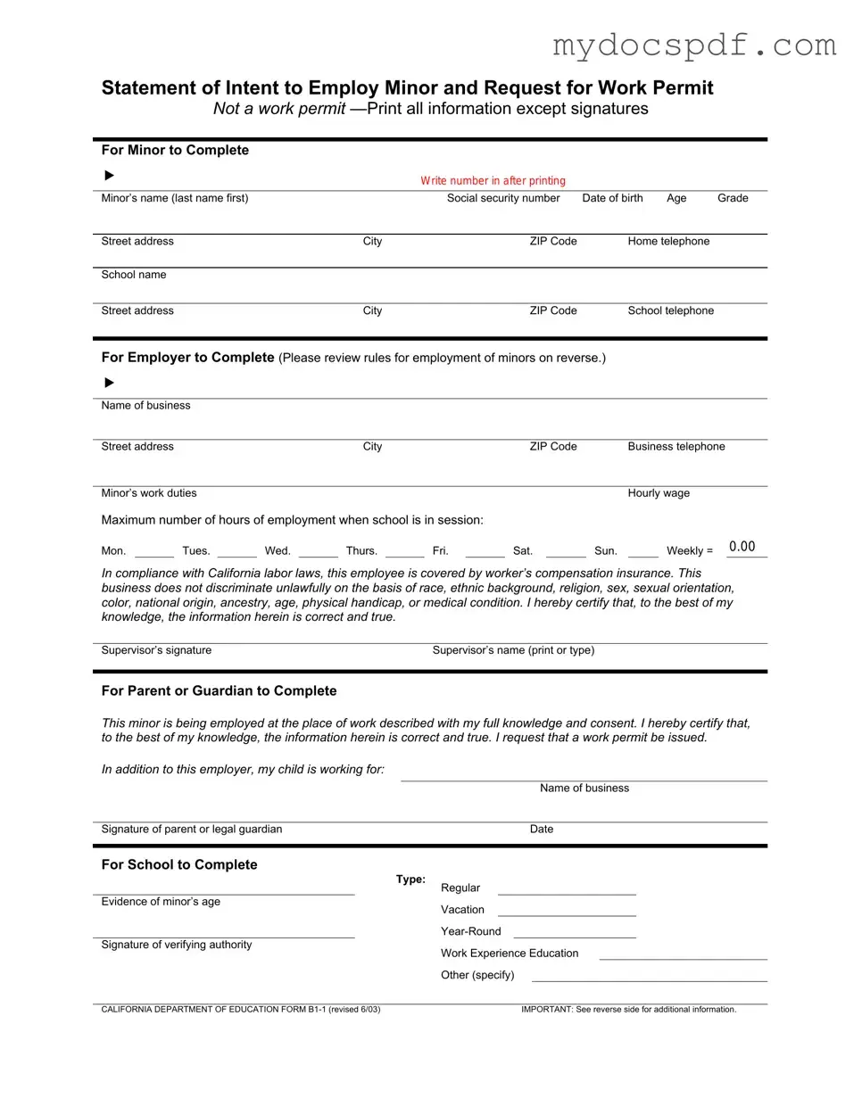 Get Statement of Intent to Employ Minor and Request for Work Permit Form in PDF