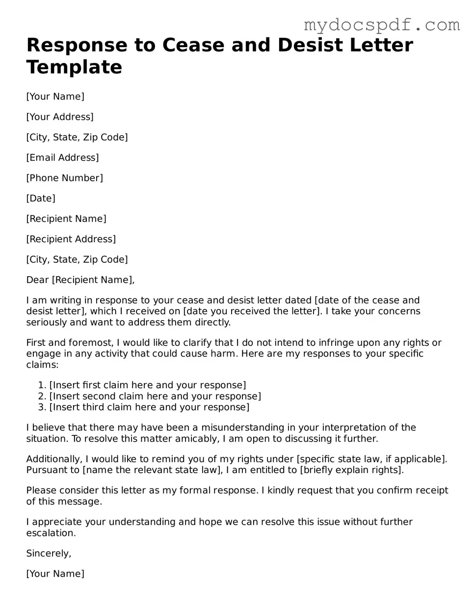 Attorney-Approved Response to a Cease and Desist Letter Template