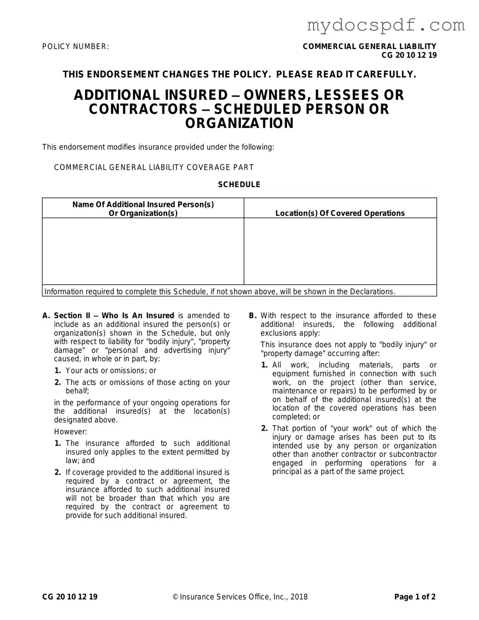 Get Cg 20 10 07 04 Liability Endorsement Form in PDF