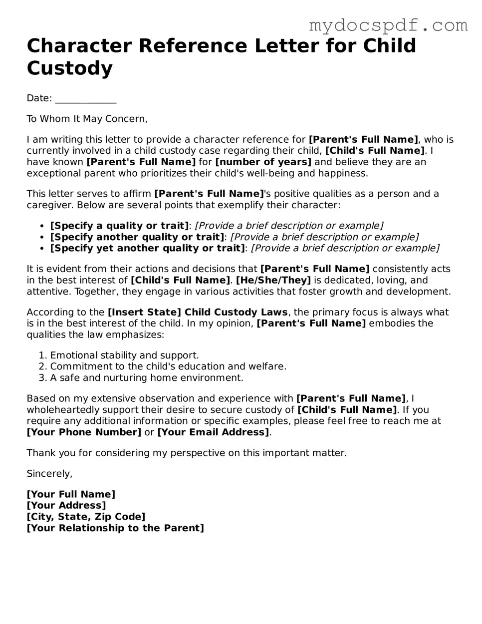 Attorney-Approved Character Reference Letter for Child Custody Template