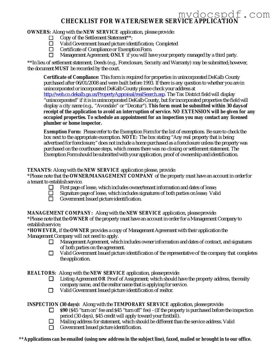 Get Dekalb County Water Application Form in PDF