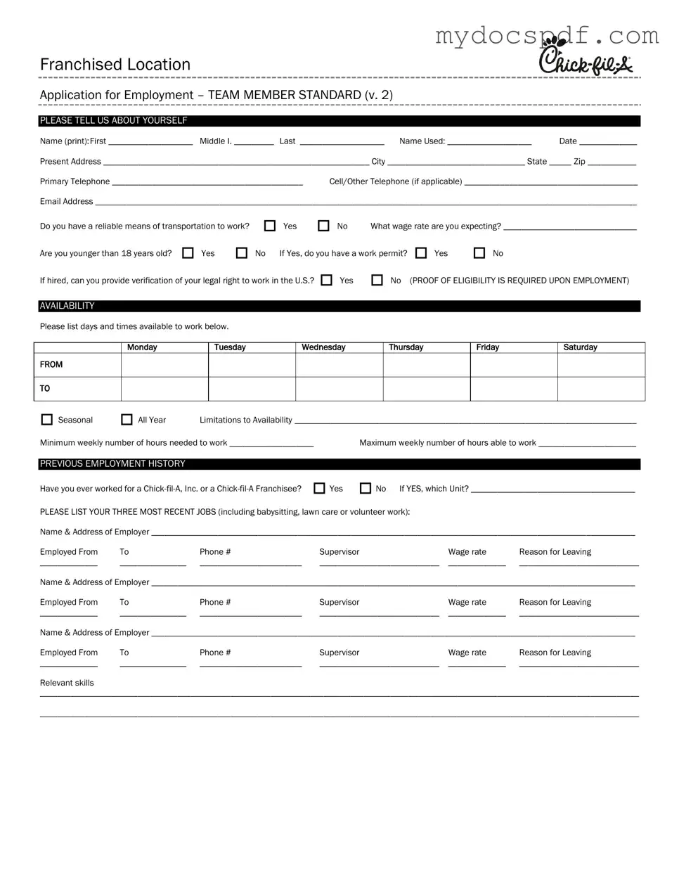 Get Chick Fil A Job Application Form in PDF
