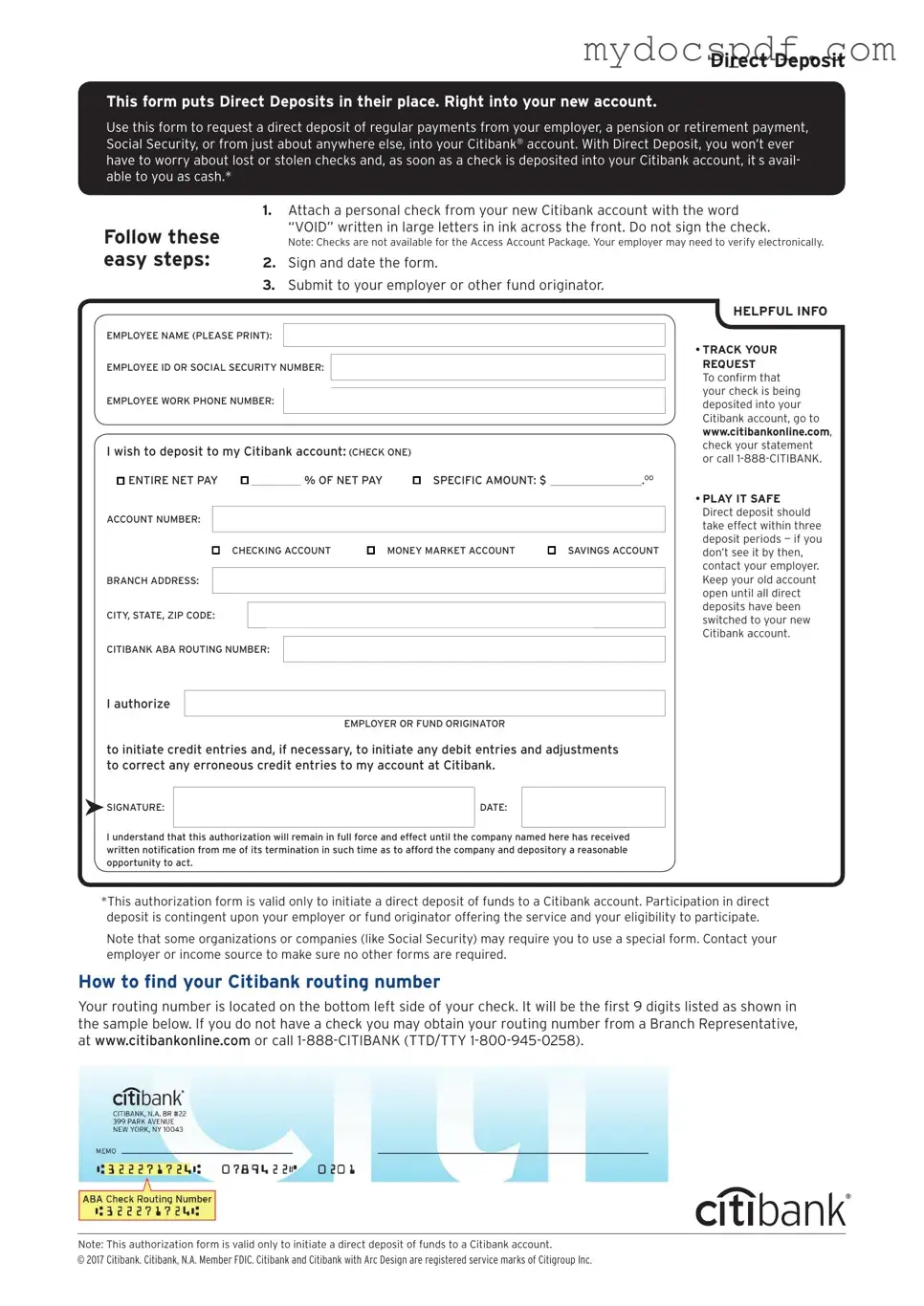 Get Citibank Direct Deposit Form in PDF
