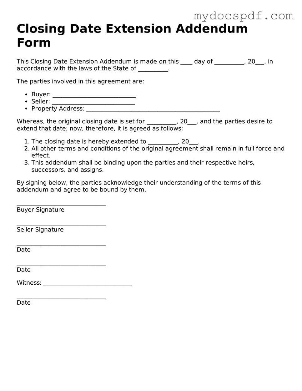 Attorney-Approved Closing Date Extension Addendum Form Template