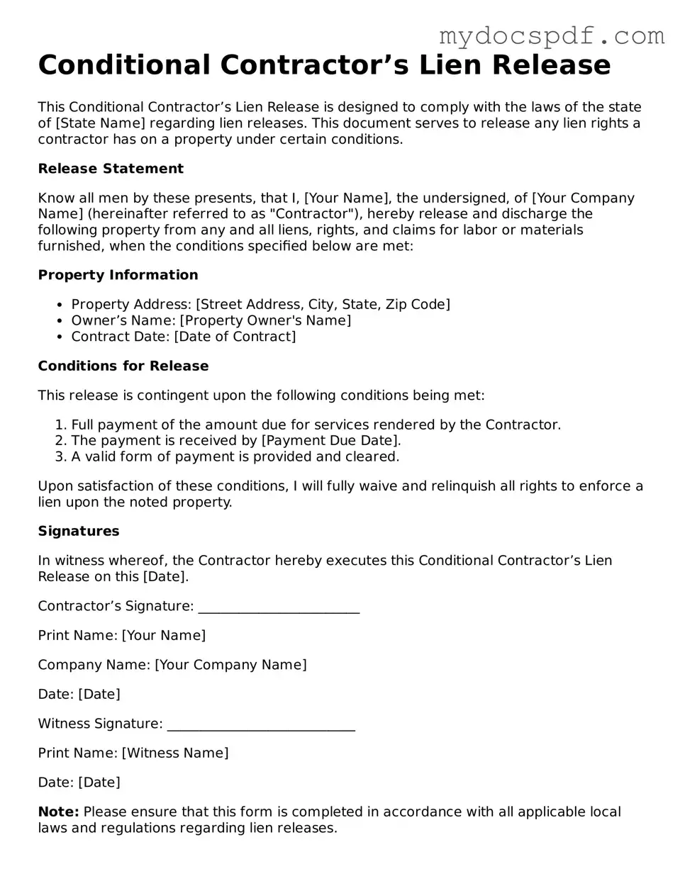 Attorney-Approved Conditional Contractor’s Lien Release Template