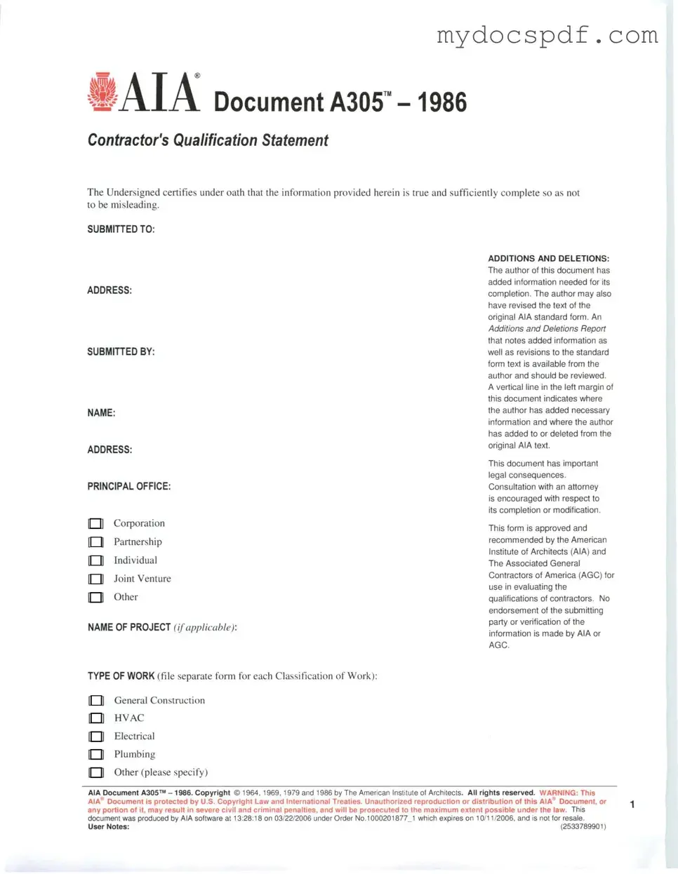 Get AIA A305 Form in PDF