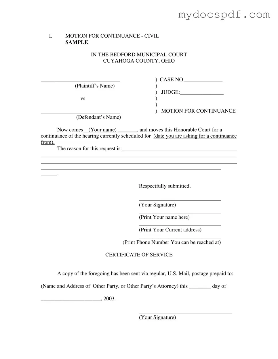 Get Motion For Continuance Form in PDF