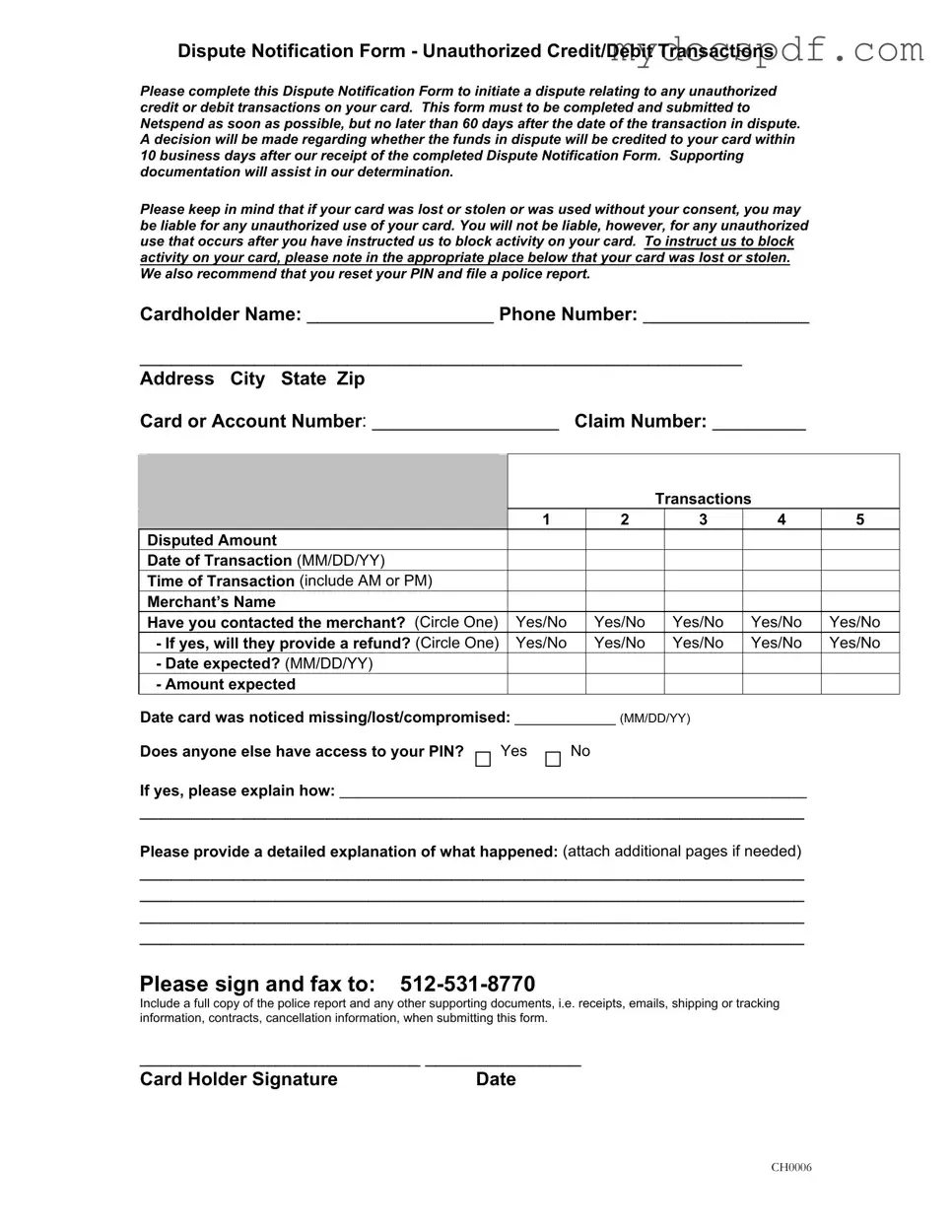 Get Netspend Dispute Form in PDF