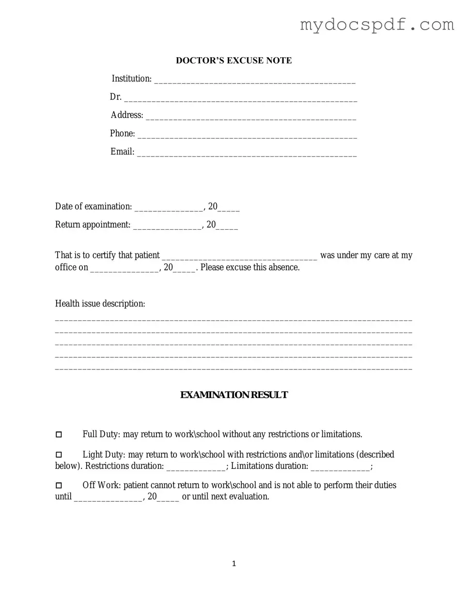 Get Doctors Excuse Note Form in PDF