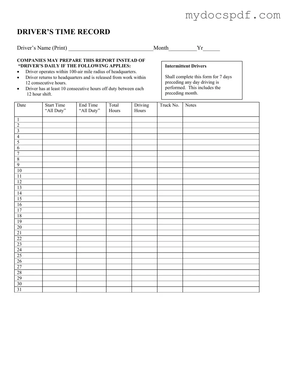 Get Driver Time Record Form in PDF