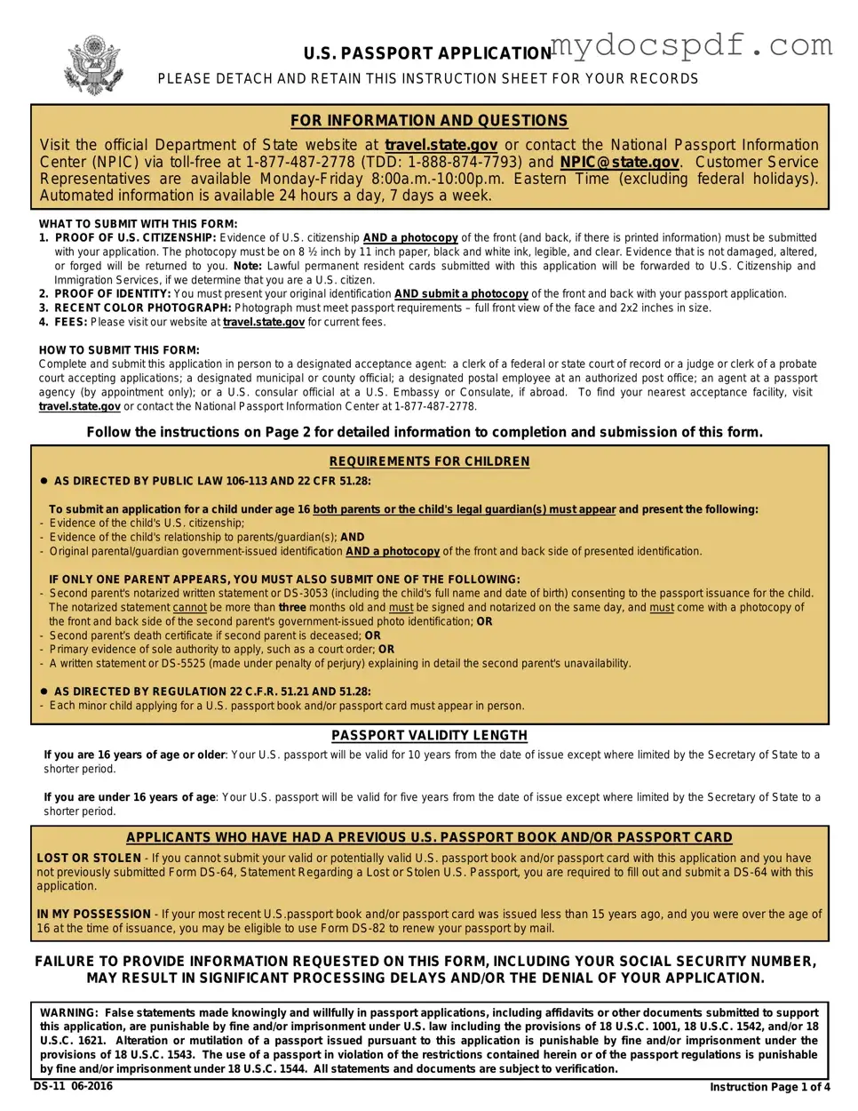Get DS-11 U.S. Passport application Form in PDF