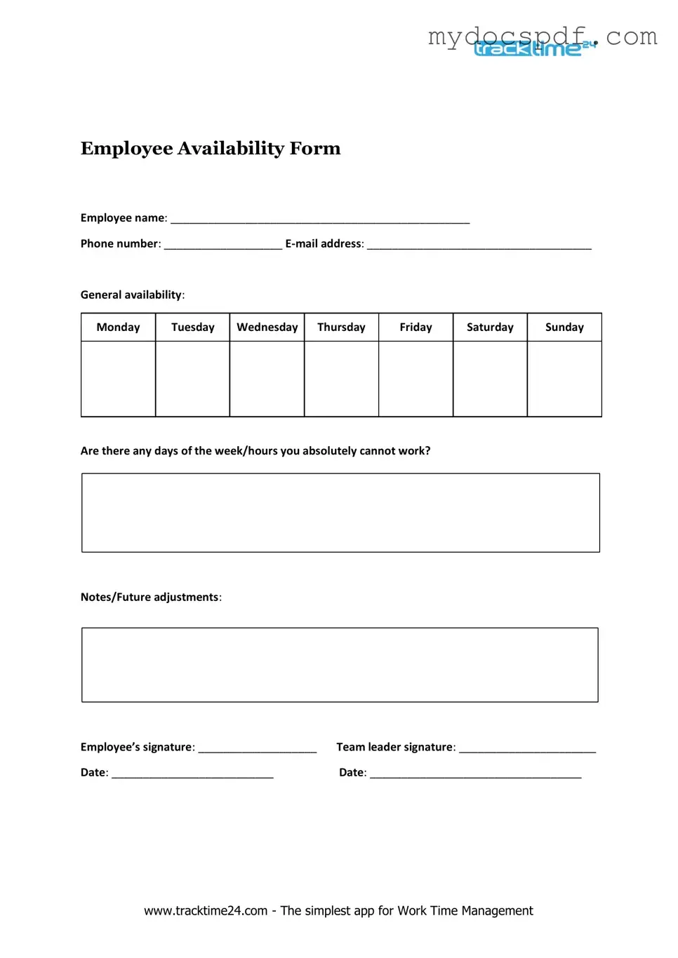 Get Employee Availability Form in PDF