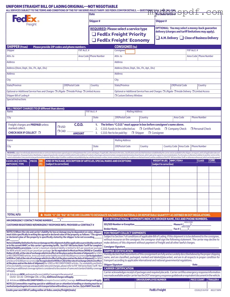 Get Fedex Bill Of Lading Form in PDF