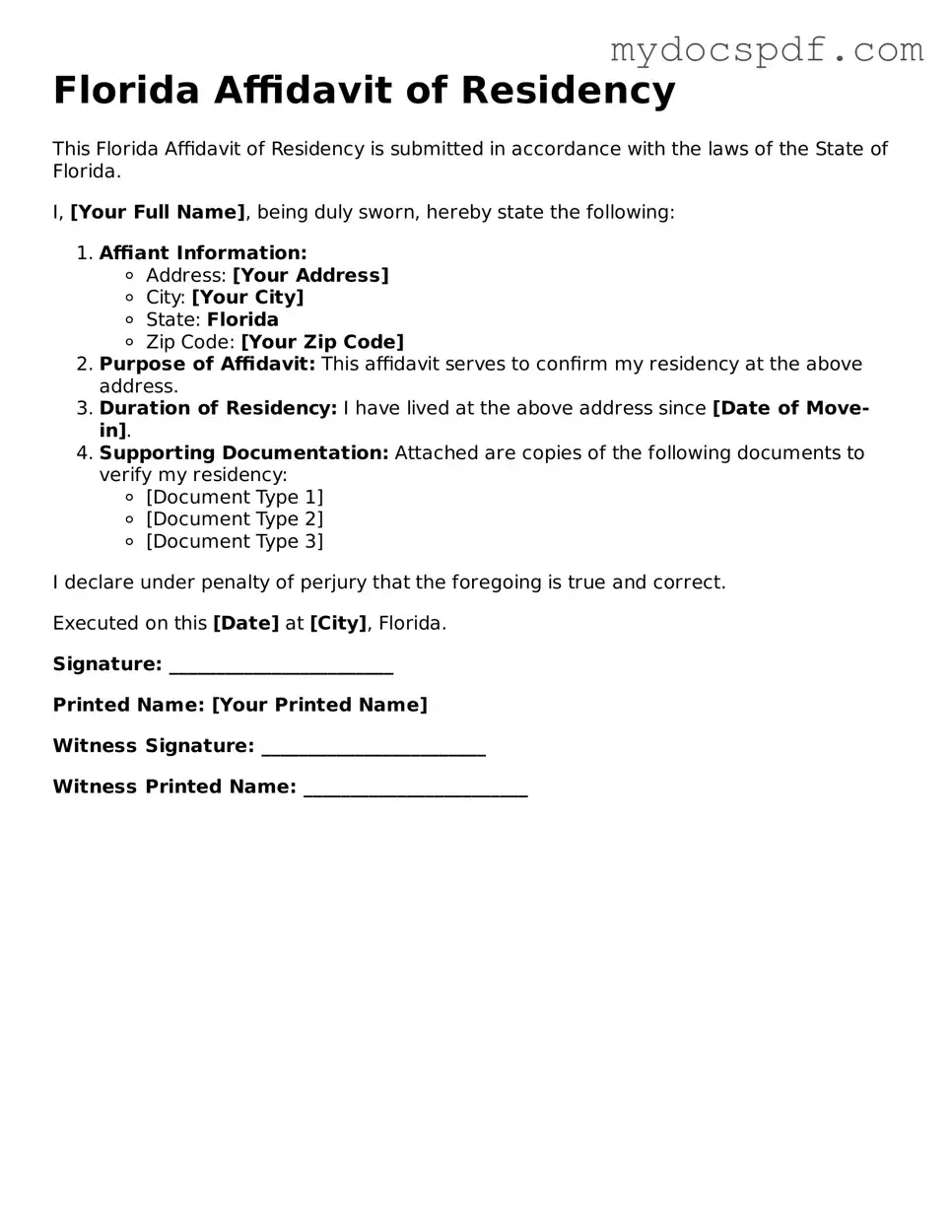 Fillable Florida Affidavit of Residency Document