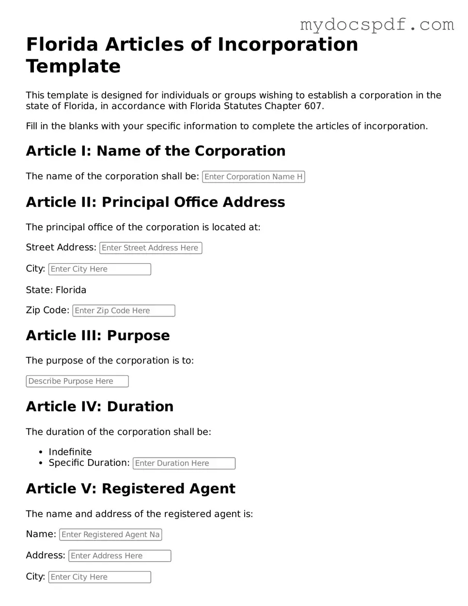 Fillable Florida Articles of Incorporation Document