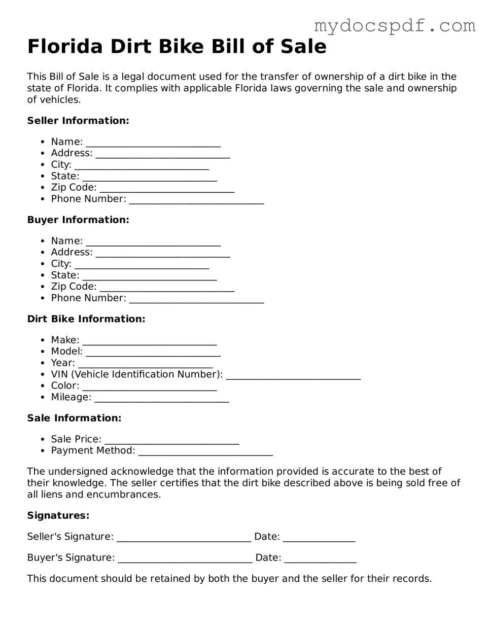 Fillable Florida Dirt Bike Bill of Sale Document