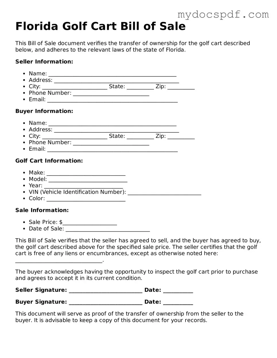 Fillable Florida Golf Cart Bill of Sale Document