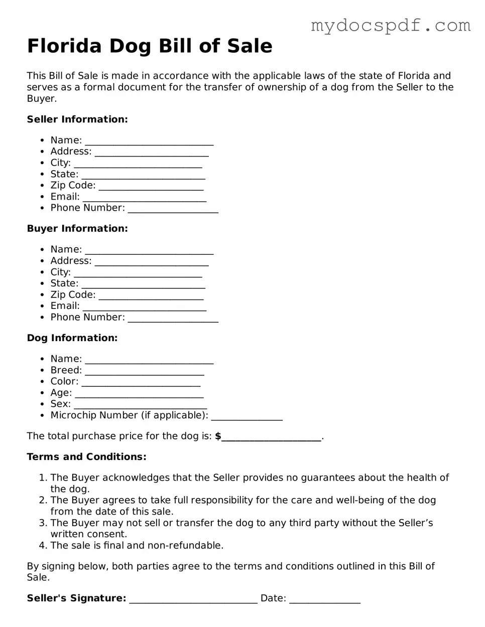 Fillable Florida Dog Bill of Sale Document