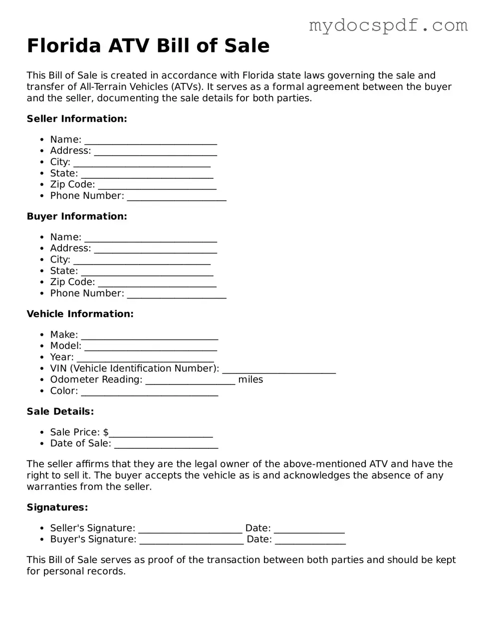 Fillable Florida ATV Bill of Sale Document