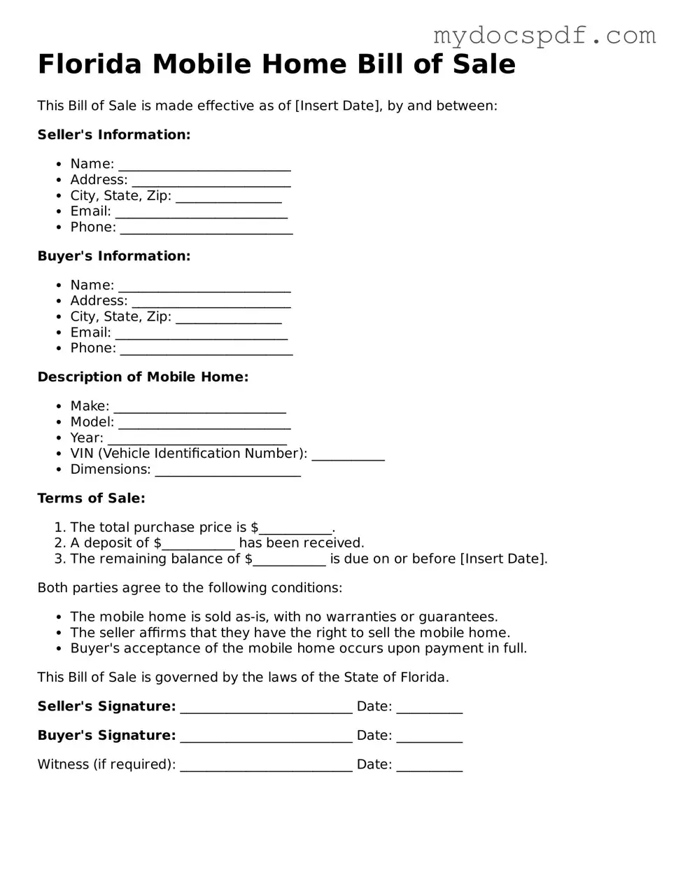 Fillable Florida Mobile Home Bill of Sale Document