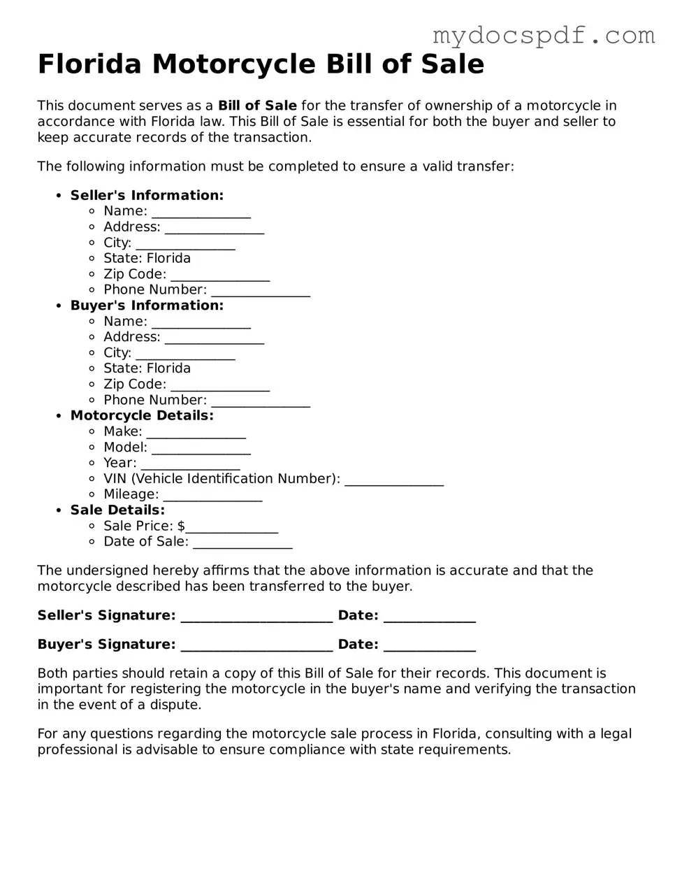 Fillable Florida Motorcycle Bill of Sale Document