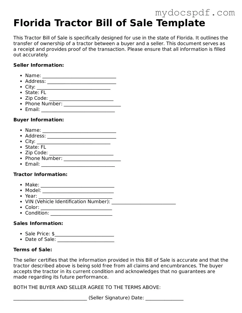 Fillable Florida Tractor Bill of Sale Document