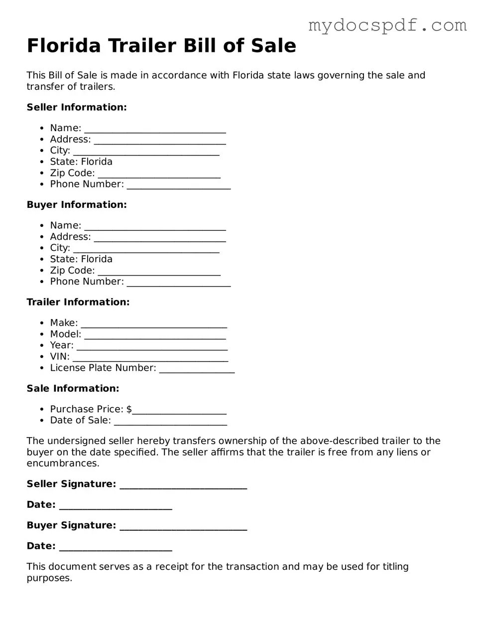 Fillable Florida Trailer Bill of Sale Document