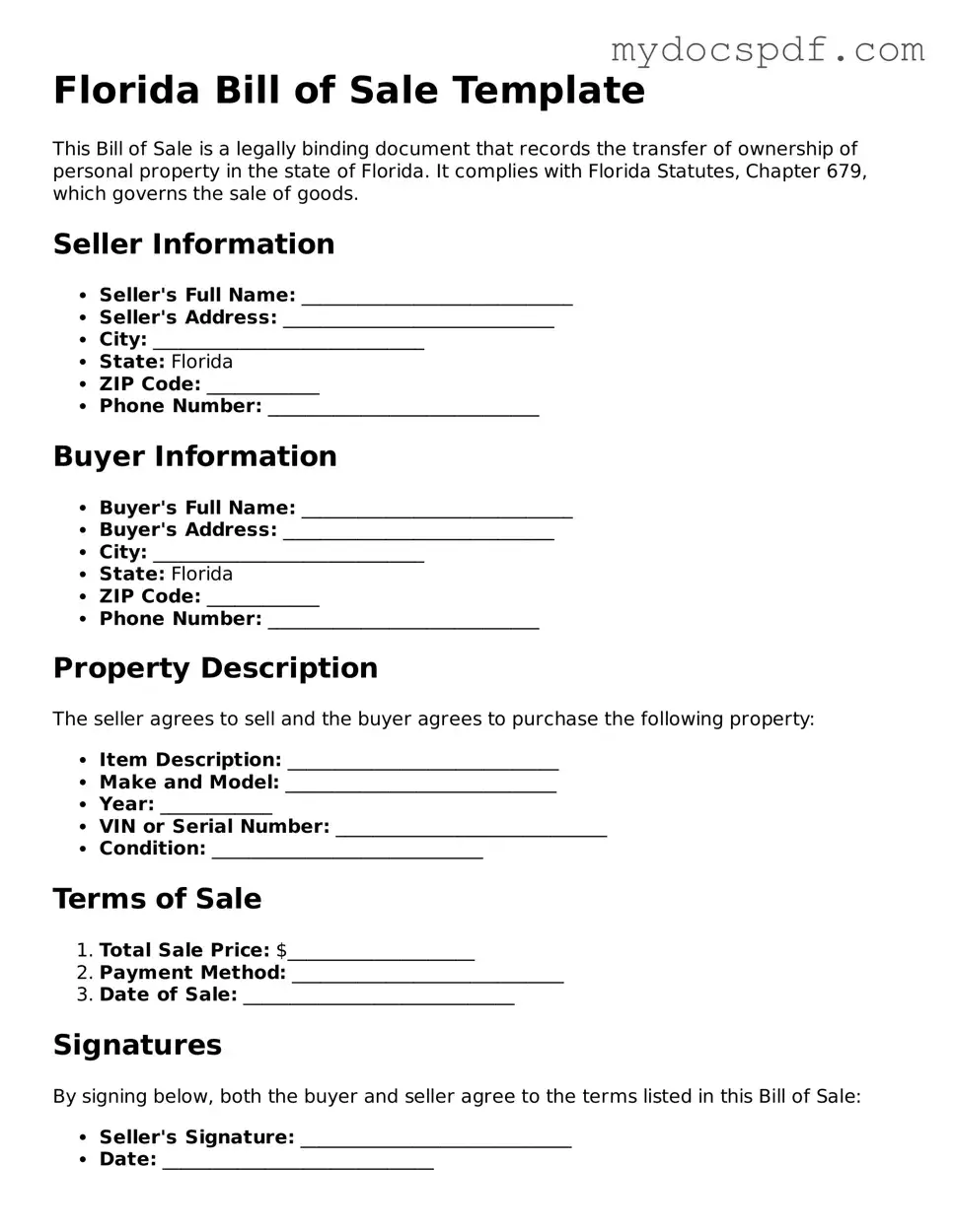 Fillable Florida Bill of Sale Document