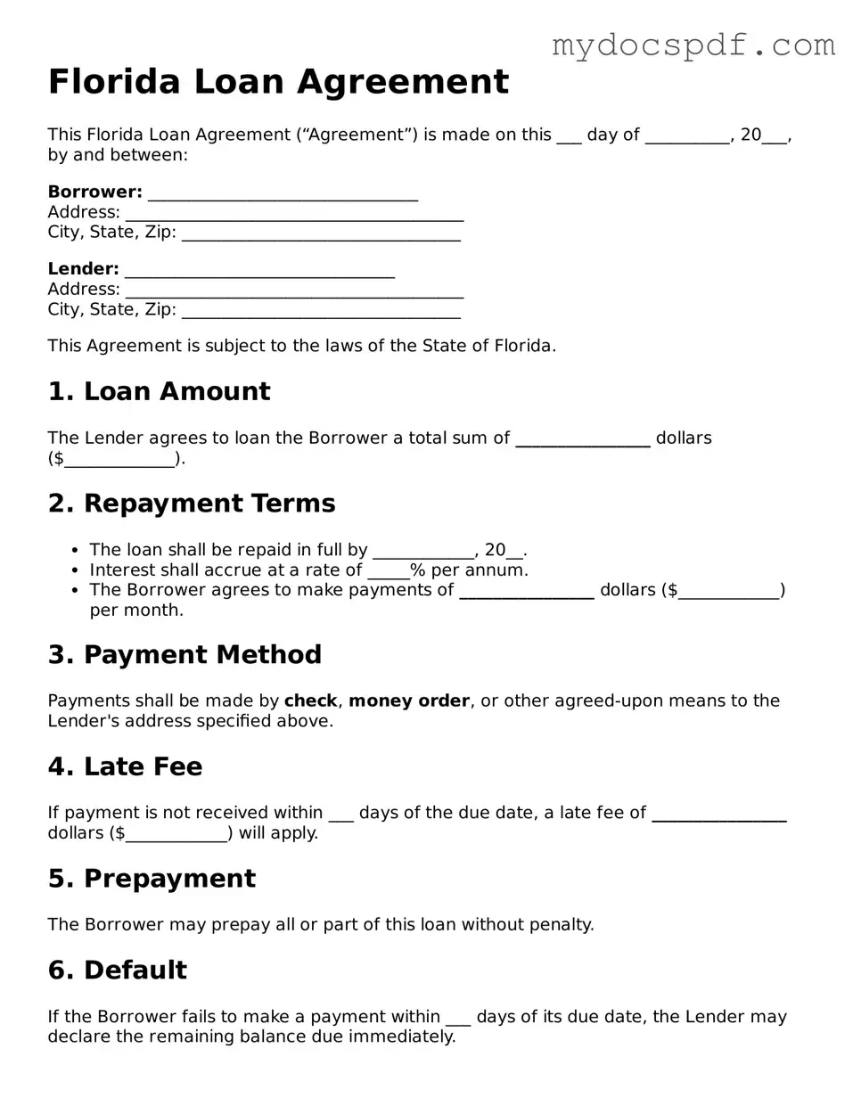 Fillable Florida Loan Agreement Document