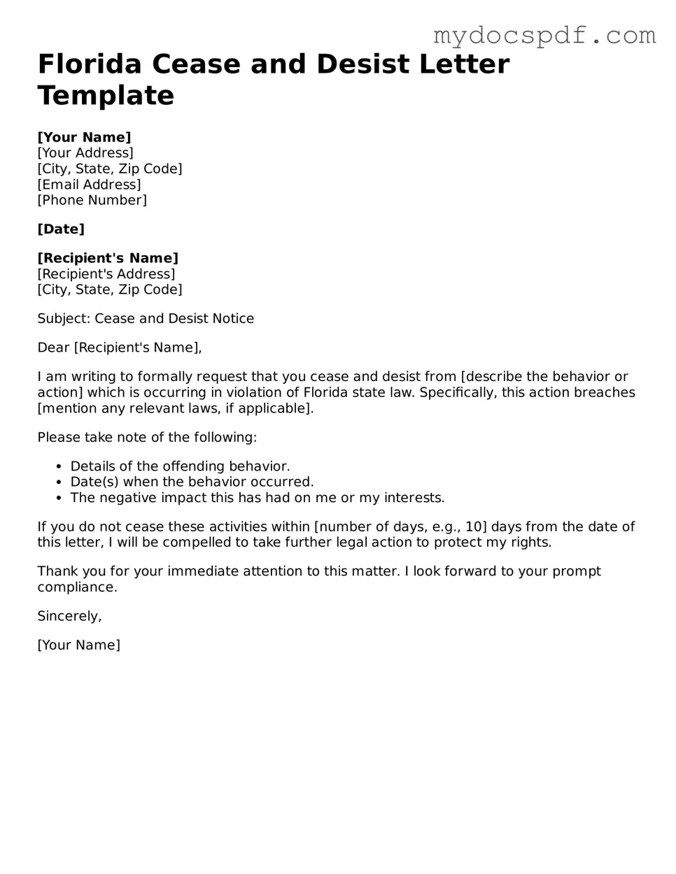 Fillable Florida Cease and Desist Letter Document