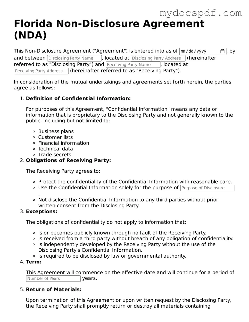 Fillable Florida Non-disclosure Agreement Document