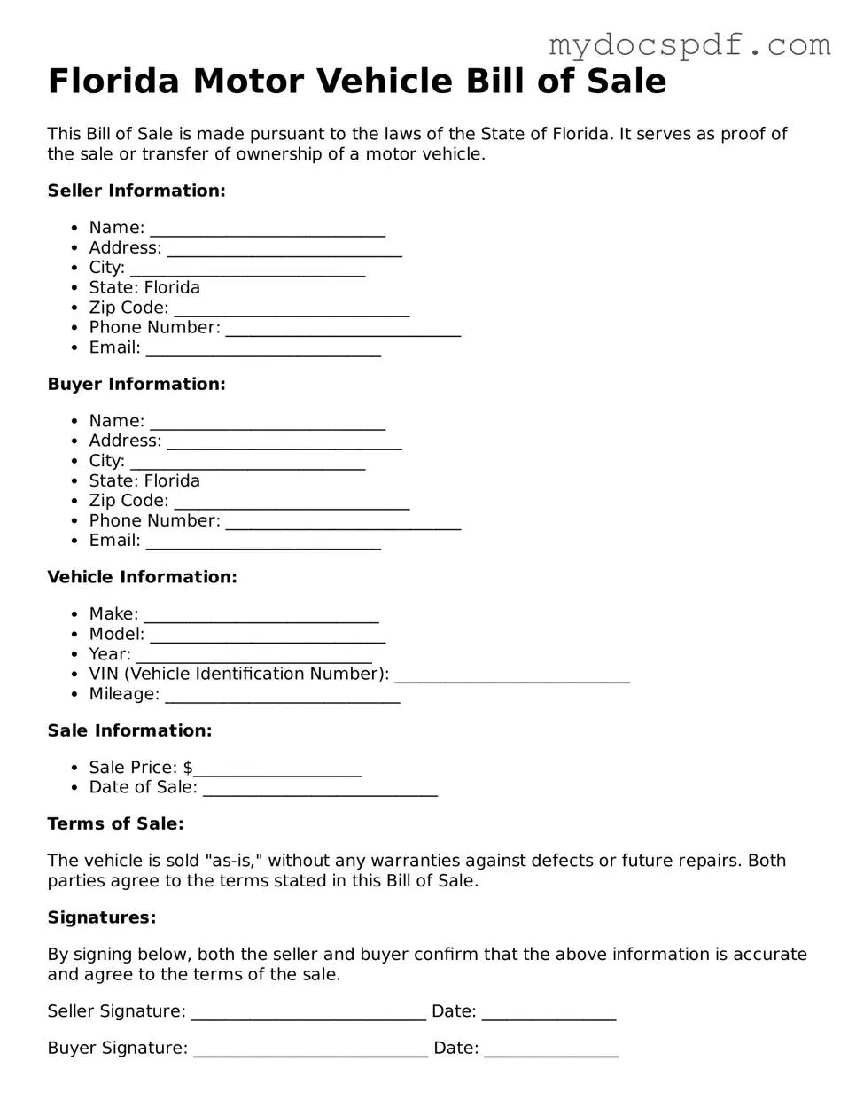 Fillable Florida Motor Vehicle Bill of Sale Document