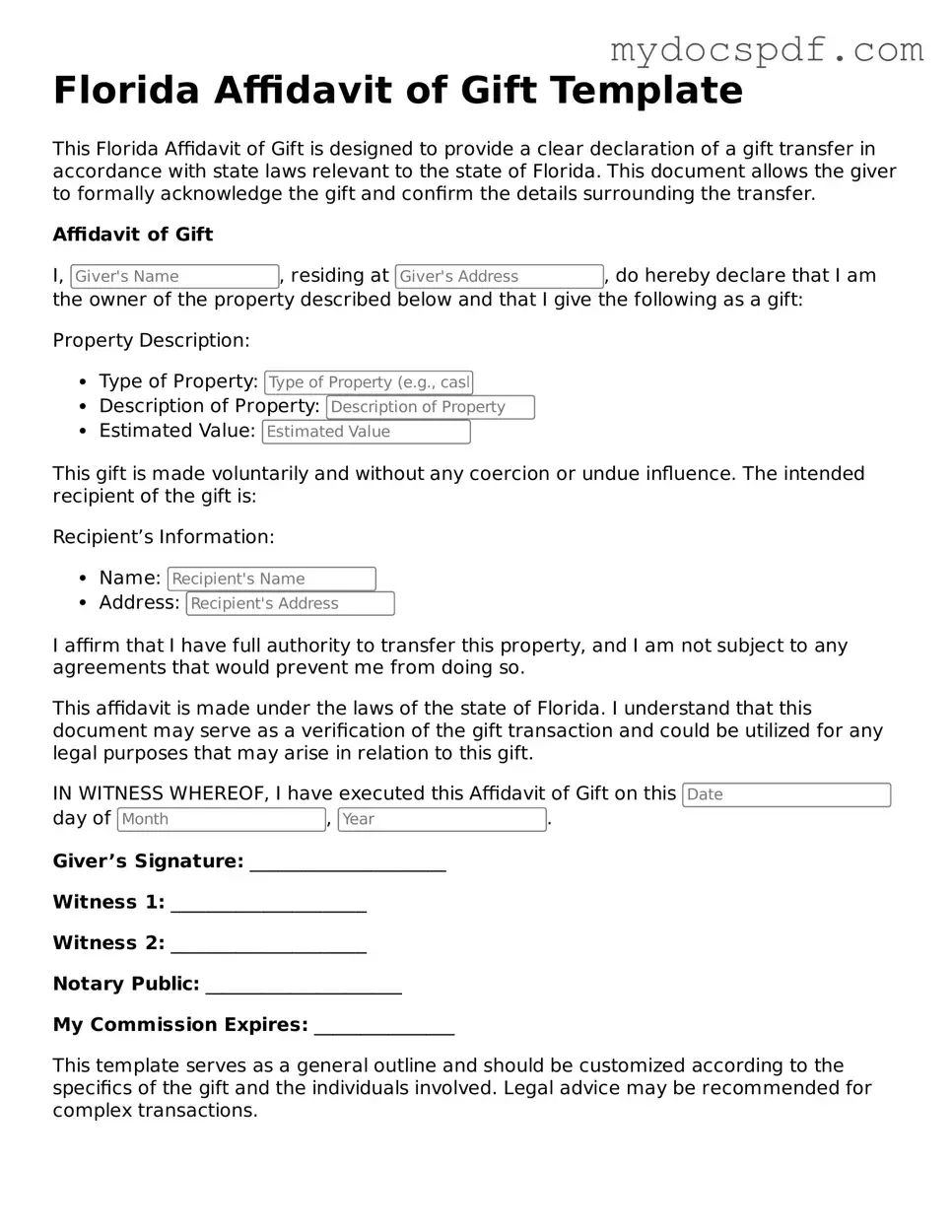 Fillable Florida Affidavit of Gift Document