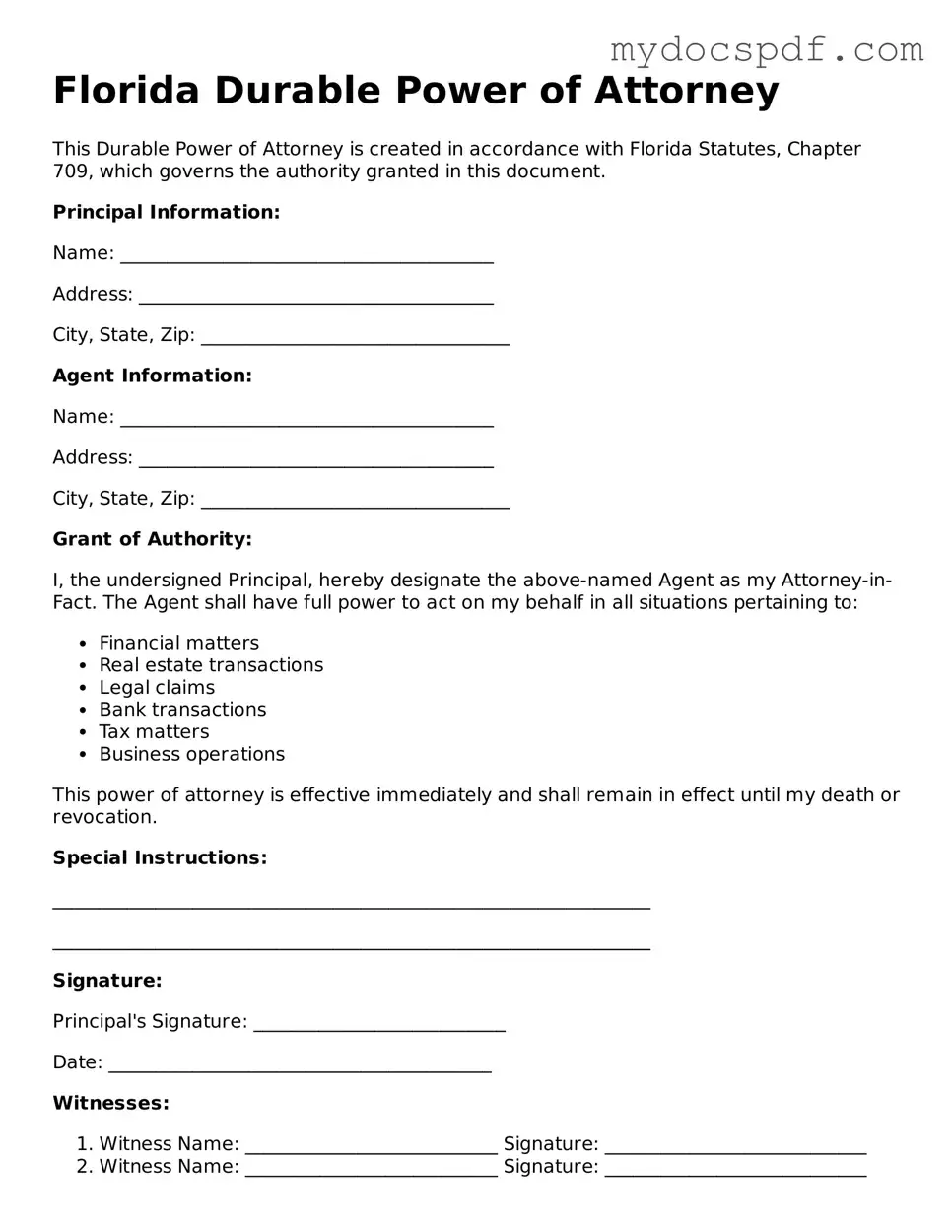 Fillable Florida Durable Power of Attorney Document