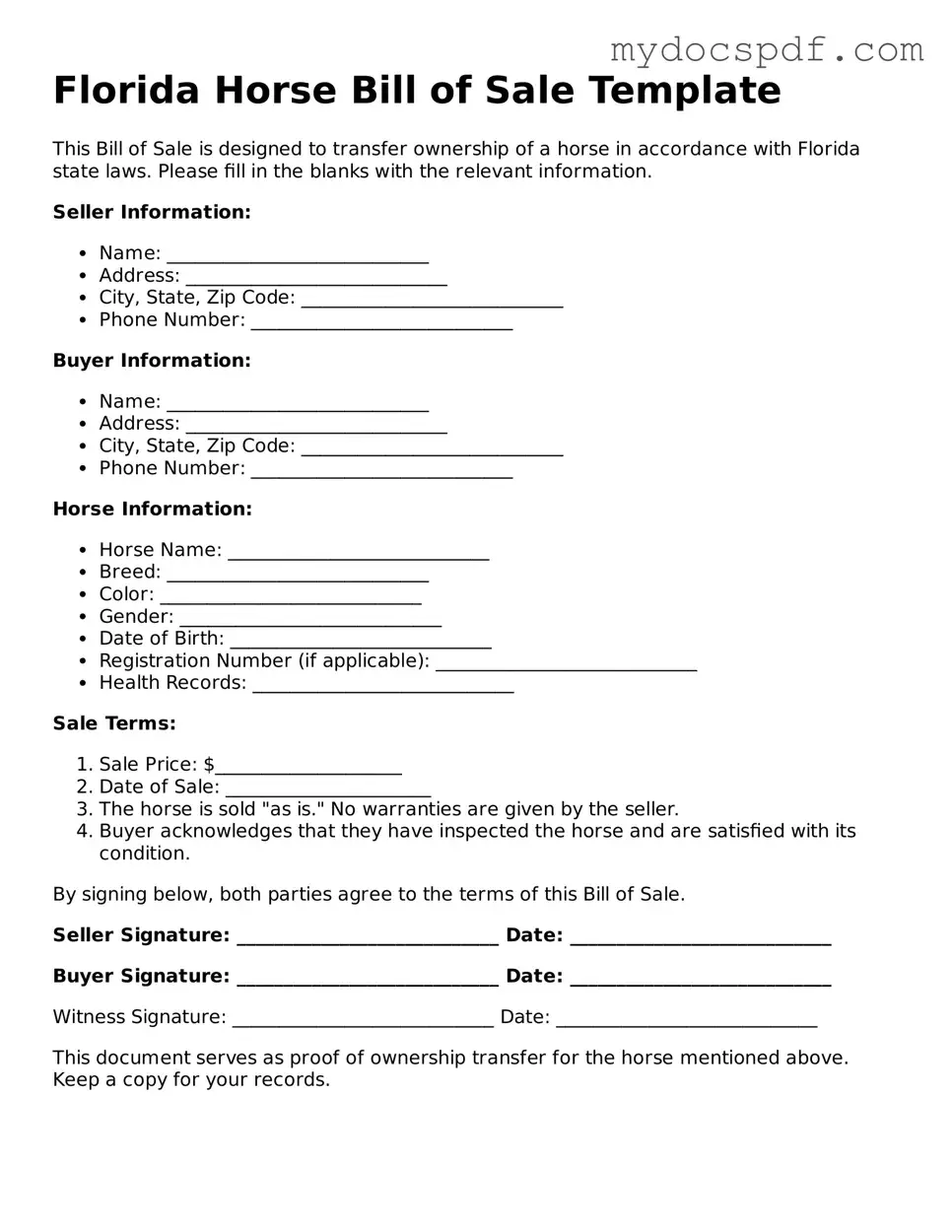 Fillable Florida Horse Bill of Sale Document