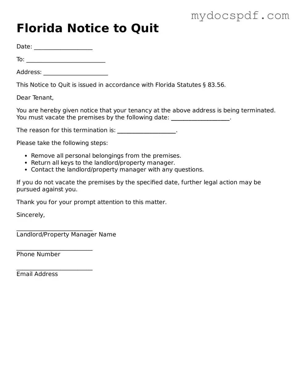 Fillable Florida Notice to Quit Document