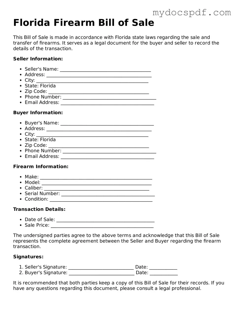 Fillable Florida Firearm Bill of Sale Document