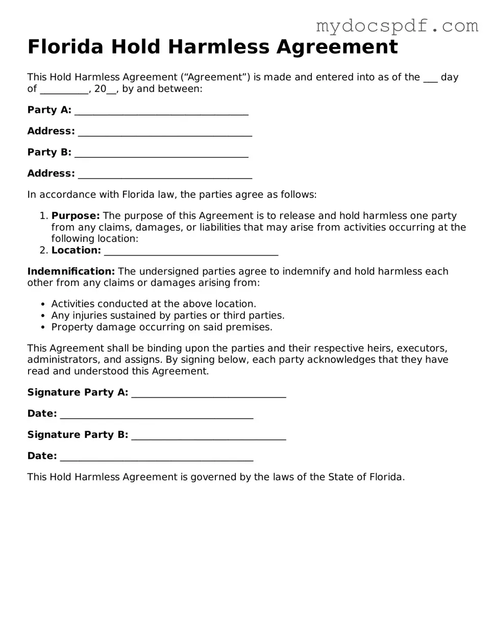 Fillable Florida Hold Harmless Agreement Document